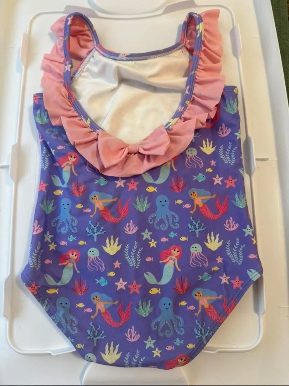 Girls' Purple Mermaid Print One-Piece Swimsuit with Pink Ruffle